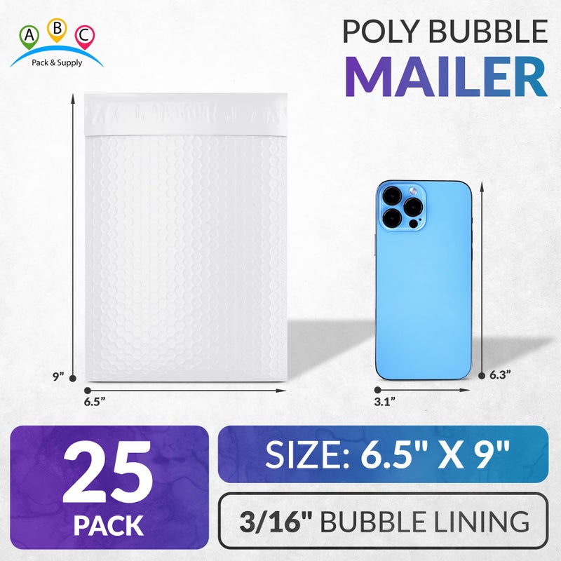 ABC PACK & SUPPLY White Poly Bubble Mailers, 6.5 x 9 Inches. Pack of 25 Padded Envelopes Self Seal. Cushioning Plastic Bubble Envelopes. Self-Adhesive Padded Shipping Bags for Small Business - Image 2